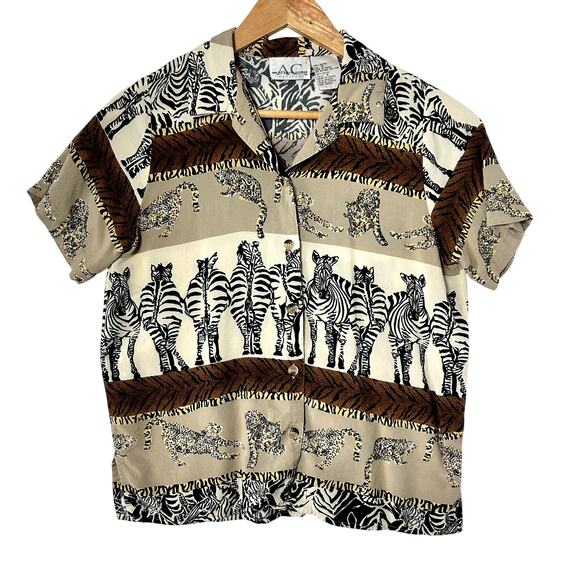 American Collection Vintage Brown Safari Animal Print Short Sleeve Size PS - Picture 1 of 7
